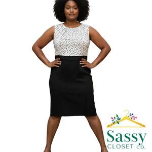 Talbots Black White Midi Dress V Neck Sheath Lined Career Cocktail Size 14 EUC